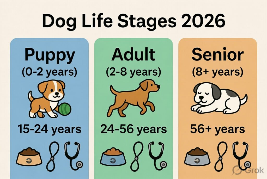dog life stages puppy adult senior infographic 2026